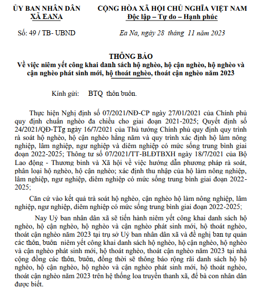 Về việc niêm yết công khai danh sách hộ nghèo, hộ cận nghèo, hộ nghèo và cận nghèo phát sinh mới, hộ thoát nghèo, thoát cận nghèo năm 2023